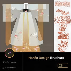 Puede incluir: Una ilustración digital de un conjunto de pinceles de diseño Hanfu para Procreate en el iPad. La imagen muestra una túnica china tradicional con diseños florales y de grúas. El conjunto de pinceles incluye 28 pinceles.