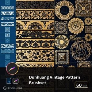 May include: A digital art set featuring a variety of black and gold vintage patterns and decorative elements. The image includes borders, circular designs, and square motifs. The text "Dunhuang Vintage Pattern Brushset" is displayed, along with the number "60".