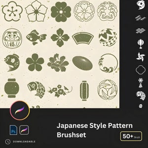 May include: A set of 50+ Japanese style pattern brushes for digital art. The brushes feature traditional Japanese designs, including flowers, fish, lanterns, and geometric patterns. The brushes are in a green colour scheme and are displayed on a beige background.