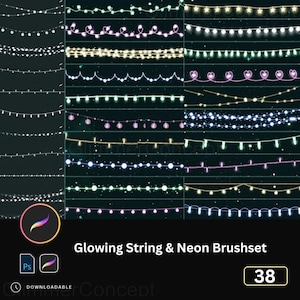 May include: A digital brush set showcasing glowing string and neon light designs. The image displays multiple rows of illuminated strings in various shapes and colours, including white, pink, and yellow. The text "Glowing String & Neon Brushset" is visible.