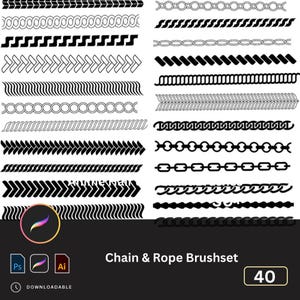 Puede incluir: Un conjunto de 40 diseños de pinceles de cadena y cuerda en blanco y negro. Los pinceles están dispuestos en filas y son perfectos para agregar un toque decorativo a tus diseños.