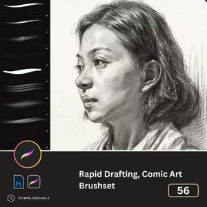 May include: A set of 56 Photoshop brushes for rapid drafting and comic art. The brushes are shown in a black and white image of a woman's face. The image is in a digital art style.