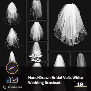 May include: A set of 19 hand-drawn white bridal veils wedding brush set. The brushes are in various styles and sizes, perfect for adding a touch of elegance to your digital art.