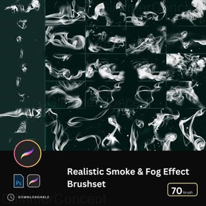 May include: A digital art product showcasing a collection of realistic smoke and fog effect brushes. The image displays various swirling white smoke designs against a dark background. The text reads "Realistic Smoke & Fog Effect Brushset" and "70 brush".