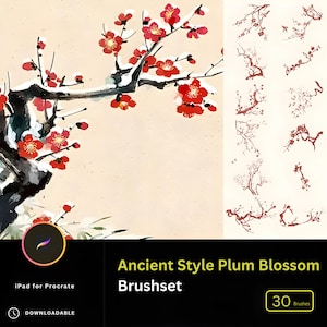 Może przedstawiać: Cyfrowa ilustracja zestawu 30 pędzli Procreate z motywem kwiatowym śliwy w starożytnym stylu. Pędzle idealnie nadają się do tworzenia tradycyjnej japońskiej sztuki, wzorów kwiatowych i nie tylko.
