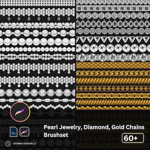 Könnte beinhalten: Eine digitale Illustration eines Sets mit über 60 Perl-, Diamant- und Goldkettenpinseln für die Verwendung in digitalen Kunstprogrammen. Die Pinsel sind in Reihen angeordnet und sollen wie echter Schmuck aussehen.