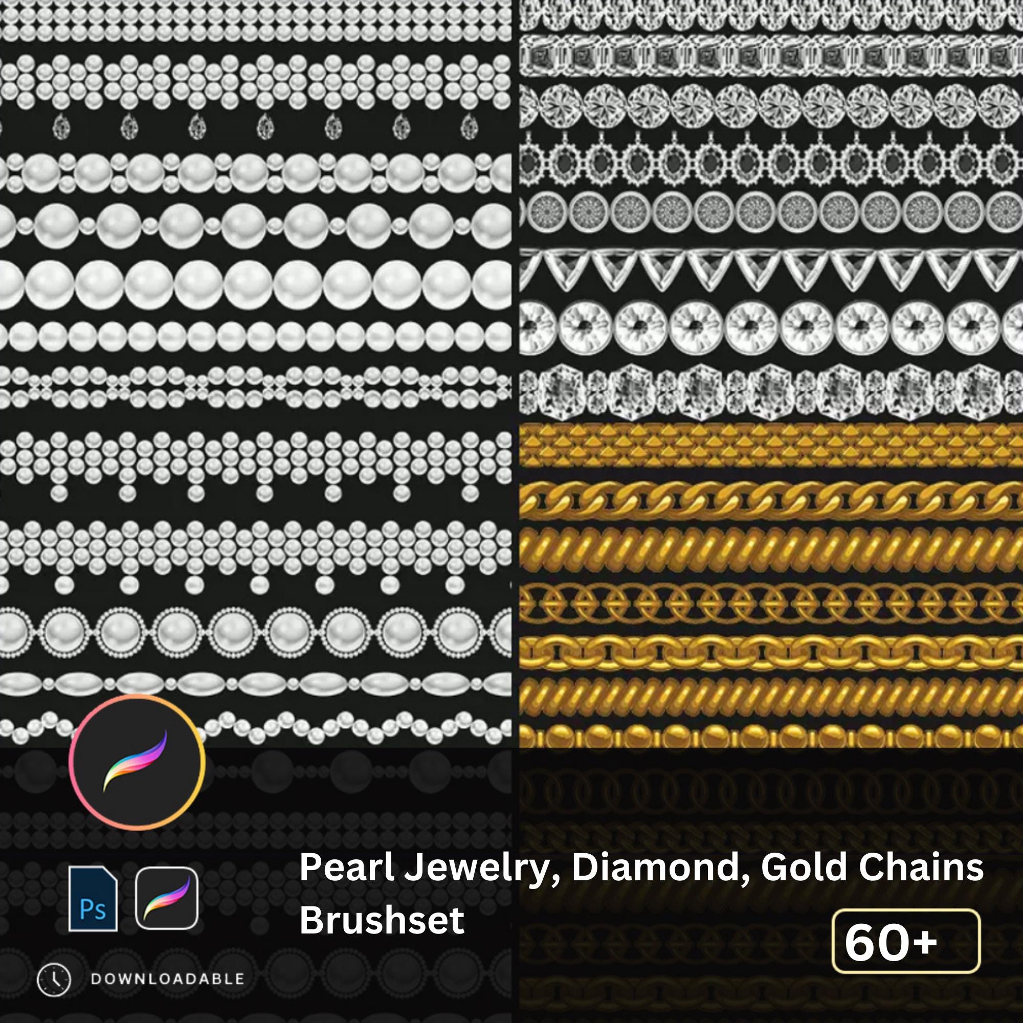 Pearl & Diamond Procreate Brushes + PS Stamps for Jewelry Design, Gold Chains & Gemstone Illustration on iPad