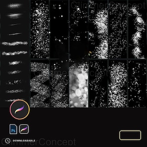 Może przedstawiać: Grafika cyfrowa z różnymi białymi pociągnięciami pędzla i teksturami na czarnym tle. Obraz zawiera ikonę aplikacji Procreate, ikonę Photoshopa i słowo "DOWNLOADABLE".