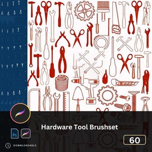 May include: A collection of 60 hardware tool illustrations in red and white, including hammers, pliers, wrenches, and screwdrivers. The image also features the text "Hardware Tool Brushset" and the Procreate and Photoshop logos.