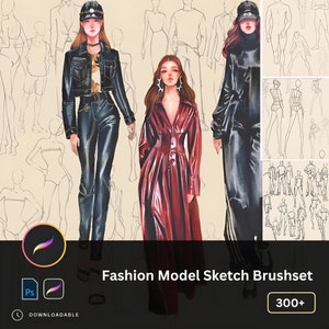 Peut inclure: Un ensemble de plus de 300 pinceaux de croquis de mannequins pour l'art numérique. Les pinceaux sont conçus pour aider les artistes à créer des illustrations de mode réalistes et élégantes. L'image montre trois mannequins de mode portant des tenues différentes, avec une variété de poses et de styles. Les pinceaux sont disponibles en téléchargement.