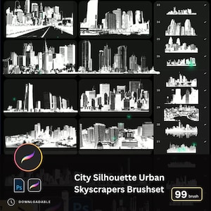 90+ City Silhouette Procreate & Photoshop Brushes | Urban Skyscrapers, Business Tech Building, Cityscape Background, Illustration Material
