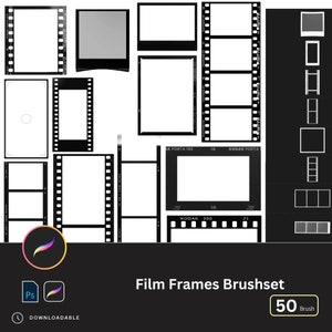 May include: A set of 50 film frame brushes for digital art and design. The brushes are black and white and come in a variety of shapes and sizes. The brushes are perfect for adding a vintage or retro feel to your designs.