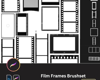 May include: A set of 50 film frame brushes for digital art and design. The brushes are black and white and come in a variety of shapes and sizes. The brushes are perfect for adding a vintage or retro feel to your designs.
