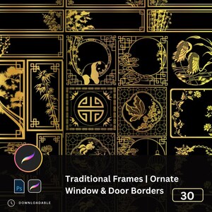 May include: A set of 30 traditional ornate frames, window and door borders in gold on a black background. The frames feature various designs including bamboo, butterflies, flowers, and a panda.