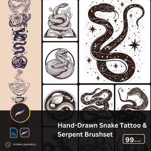 99 Hand Drawn Snake Procreate Photoshop Brushes, Tattoo & Line Art Snake Pattern Brush Set, Year of the Snake Digital Illustration