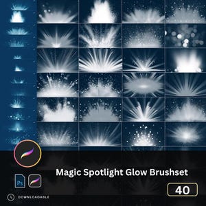 Può includere: Un set di arte digitale con 40 pennelli magici per effetti luce. I pennelli sono in tonalità bianche e blu, con vari effetti di esplosione di luce e riflettore. L'immagine include il testo "Magic Spotlight Glow Brushset" e icone per Photoshop e Procreate.
