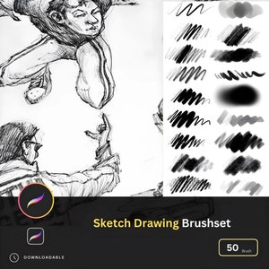 May include: A set of 50 sketch drawing brushes for digital art. The brushes are shown in black and gray on a white background. The brushes are designed to mimic the look of traditional sketching tools, such as pencils, charcoal, and markers.