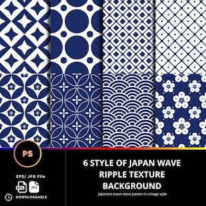 May include: Six different Japanese wave patterns in blue and white. The patterns include circles, diamonds, flowers, and waves. The text "6 STYLE OF JAPAN WAVE RIPPLE TEXTURE BACKGROUND" is at the bottom of the image.