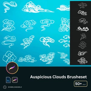 Puede incluir: Un conjunto de más de 50 pinceles digitales que presentan nubes auspiciosas en un contorno blanco sobre un fondo azul. Los pinceles están diseñados para su uso en Adobe Photoshop.