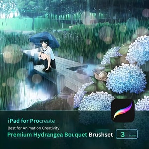 Könnte beinhalten: Eine digitale Illustration eines Mädchens mit schwarzen Haaren, das auf einer Holzbrücke unter einem blauen Regenschirm in einem regnerischen Wald sitzt. Das Bild ist für einen Satz von 3 Procreate-Pinseln zum Zeichnen von Hortensien. Der Text "Premium Hydrangea Bouquet Brushset" und "3 Brushes" ist im Bild sichtbar.