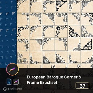 May include: A collection of 37 black European Baroque corner and frame brush designs. The designs are displayed on a grid of beige squares. The image includes the text "European Baroque Corner & Frame Brushset" and the number "37".