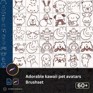 May include: A collection of cute kawaii pet avatars in a brushset. The illustrations feature a fox, rabbit, dog, bear, and other animals. The text reads "Adorable kawaii pet avatars Brushset" and "60+".
