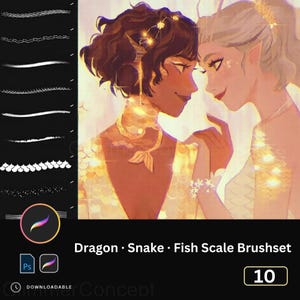 Puede incluir: Ilustración digital de dos mujeres con detalles dorados, que muestra un conjunto de pinceles Dragon, Snake y Fish Scale. La imagen incluye ejemplos de trazos de pincel y el texto "Dragon • Snake • Fish Scale Brushet" y "10".