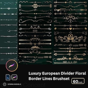 Puede incluir: Colección de líneas divisorias y diseños de bordes florales decorativos dorados sobre un fondo verde oscuro. La imagen incluye el texto "Luxury European Divider Floral Border Lines Brushset" y el número "60 brush".