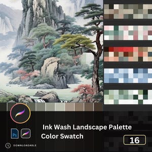 May include: An ink wash landscape painting with a color palette of 16 swatches. The artwork depicts a mountainous scene with trees and a river. The text reads "Ink Wash Landscape Palette Color Swatch".