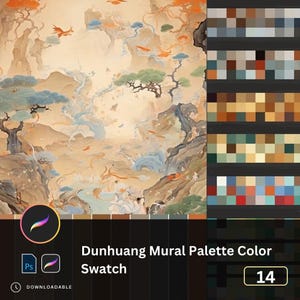 May include: A digital art piece featuring a landscape painting in warm tones, with mountains, trees, and flowing water. The image includes a color palette swatch and the text "Dunhuang Mural Palette Color Swatch".