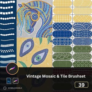 May include: A digital art set featuring a mosaic horse illustration in blue, yellow, and brown. The image also showcases various tile and mosaic brush patterns, with the text "Vintage Mosaic & Tile Brushset" and the number "39".