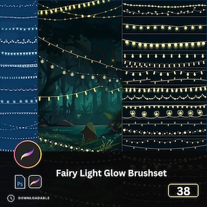 May include: A digital art brush set featuring various styles of glowing fairy lights. The image showcases multiple arrangements, including strings of stars, round bulbs, and heart-shaped lights, all in a warm yellow glow. The text "Fairy Light Glow Brushset" is also visible.
