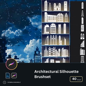 40 Cityscape Architectural Silhouette Brushes for Photoshop Procreate Flat Illustration Style, Urban Night Scene, Skyscrapers and Buildings