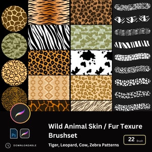 22 Procreate Tierhautmuster Textur, realistische Tierhaut Tierhautbürsten Tiger, Leopard, Kuh, Zebra Muster