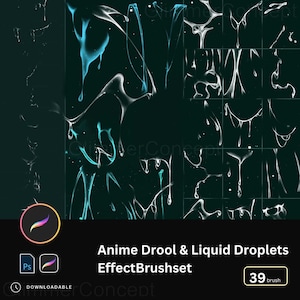 Puede incluir: Conjunto de arte digital con varios efectos de goteo y gotas de líquido estilo anime en blanco y turquesa sobre un fondo verde oscuro. El conjunto incluye 39 pinceles, con los iconos de Procreate y Photoshop visibles.