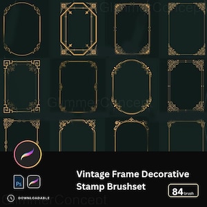 May include: A selection of gold-coloured vintage frame designs in diverse shapes, including rectangular, oval, and arched. The frames feature ornate, decorative details against a dark green backdrop. The text reads "Vintage Frame Decorative Stamp Brushset" with "84 brush".