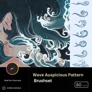80 japanische Ozeanwelle Bürste Procrate Muster Retro Blue Brush Procreate Textur mit Vintage-Stil Wasserwellen, Wellenskalen Chinese Retro