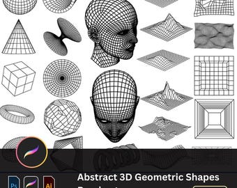 128 3D Geometric Shapes Procreate Brush - Abstract Line Art for Cyberpunk Tech Designs (PS & AI) futuristic graphics, AI vector shapes