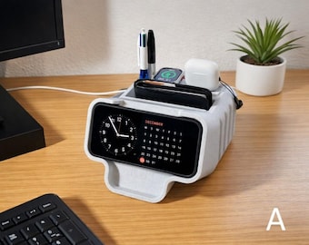 Stacja dokująca z bezprzewodową ładowarką 3 w 1 do iPhone'a, AirPodsów i zegarka Apple Watch | Projekt zegarka nocnego | Organizer na biurko – A