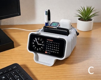 3-in-1 Wireless charger docking station for iPhone, Airpods & Apple watch | Bedside clock design | Office Desk Organizer - C