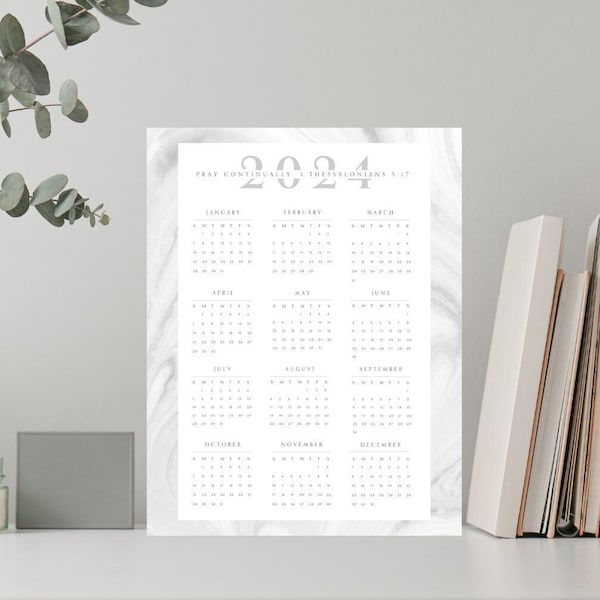 2024 Printable Calendar | 2024 Yearly Calendar| Minimalist Calendar | White Marble | Bible Verse Calendar | Pray Continually | 8.5 x 11