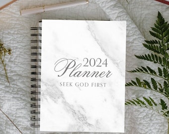 2024  Christian Monthly Planner Printable | Monthly Calendar| Minimalistic White Marble | 26 Page PDF | 8.5 x 11