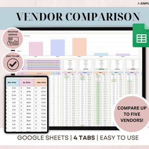 Könnte beinhalten: Digitale Anbietervergleichs-Tabelle mit intuitiven Grafiken und einer benutzerfreundlichen Oberfläche. Die Tabelle zeigt Daten mit einer Tabelle und einem Tablet, das Mindest-, Durchschnitts- und Höchstpreise anzeigt. Der Text lautet "Vergleichen Sie bis zu fünf Anbieter!" und "Google Sheets | 4 Tabs | Einfach zu bedienen."
