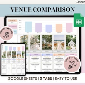 Könnte beinhalten: Eine digitale Veranstaltungsort-Vergleichstabelle, die auf einem Tablet und einem kleineren Gerät angezeigt wird. Die Tabelle enthält Kostenaufschlüsselungen, Fotos von Veranstaltungsorten und den Text "VENUE COMPARISON". Das Design enthält auch den Text "GOOGLE SHEETS | 3 TABS | EASY TO USE."