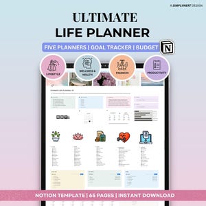 May include: A digital Notion template titled Ultimate Life Planner featuring five planners, a goal tracker, and a budget. The interface displays icons for lifestyle, wellness, health, finances, and productivity, with various task lists, calendars, and charts.