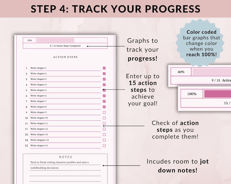 May include: A pink and white planner page with the text "STEP 4: TRACK YOUR PROGRESS." It includes a checklist for 15 action steps, progress bars, and space for notes. The text says "Graphs to track your progress!"