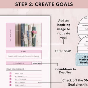 May include: A pink and white planner page with the text "STEP 2: CREATE GOALS." It includes sections for goals, a countdown, and a SMART goal checklist. An image of books is included to motivate the user.