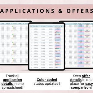 May include: Three black tablets displaying spreadsheets with job application details. The text "APPLICATIONS & OFFERS" is at the top. Below, the text reads "Track all application details in one spreadsheet!" and "Color coded status updates!"