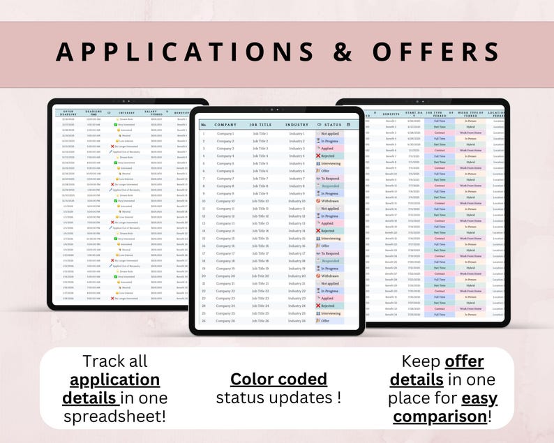 May include: Three black tablets displaying spreadsheets with job application details. The text "APPLICATIONS & OFFERS" is at the top. Below, the text reads "Track all application details in one spreadsheet!" and "Color coded status updates!"