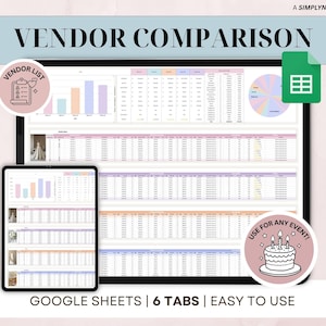 Könnte beinhalten: Eine digitale Anbietervergleichs-Tabelle, die auf einem Tablet und einem größeren Bildschirm angezeigt wird. Die Tabelle trägt die Bezeichnung "Anbietervergleich" und enthält den Text "Google Sheets | 6 Tabs | Einfach zu bedienen". Das Bild enthält auch ein Kreisdiagramm und Balkendiagramme.